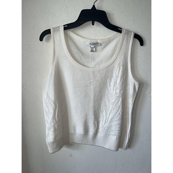 St John Santana Top Womens M Knit Top Perforated Tank Shell Ivory Vintage *READ - Picture 7 of 10